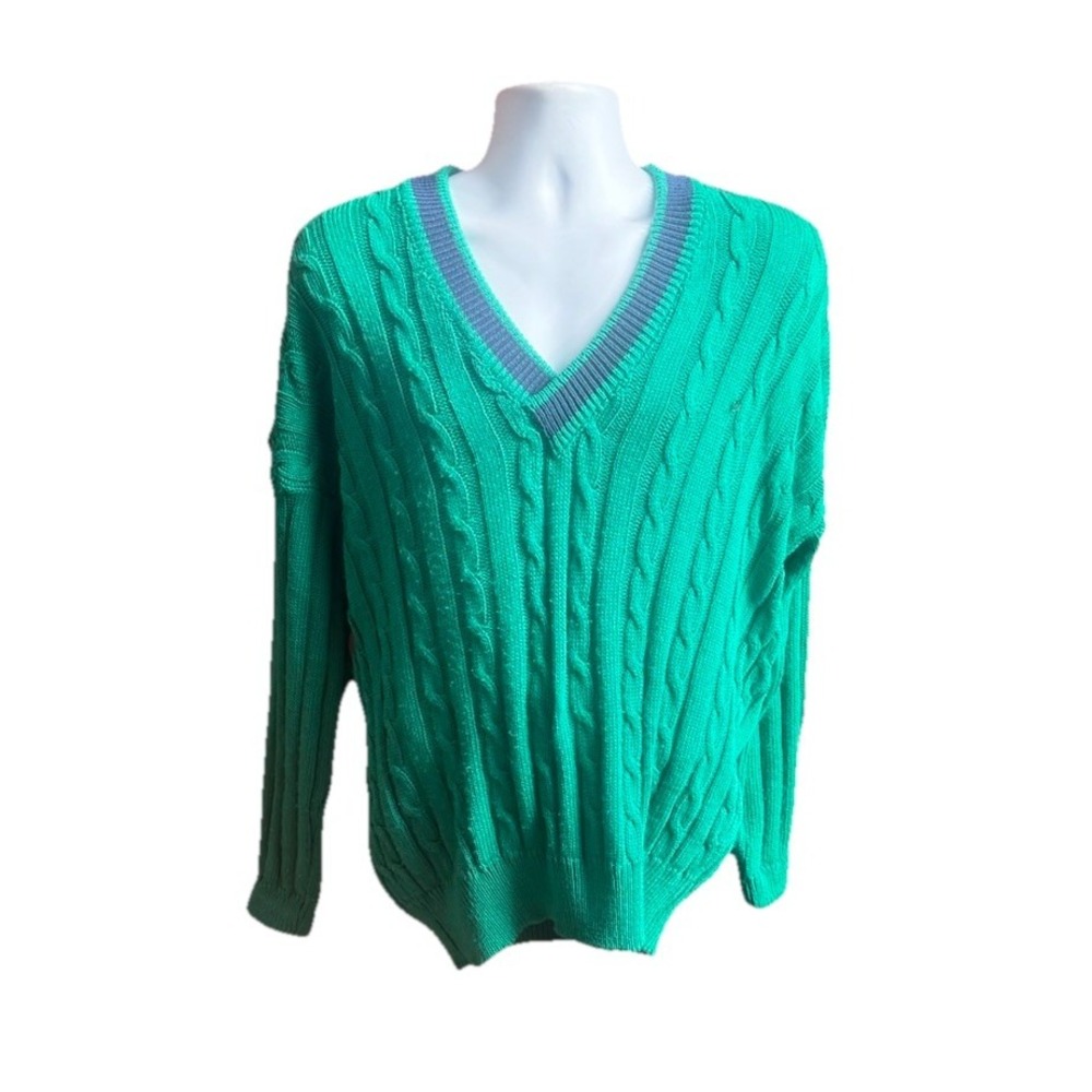 Polline.  Made Italy. Classics Mens Green Cable Knit V-Neck Sweater XL. Cotton‎
